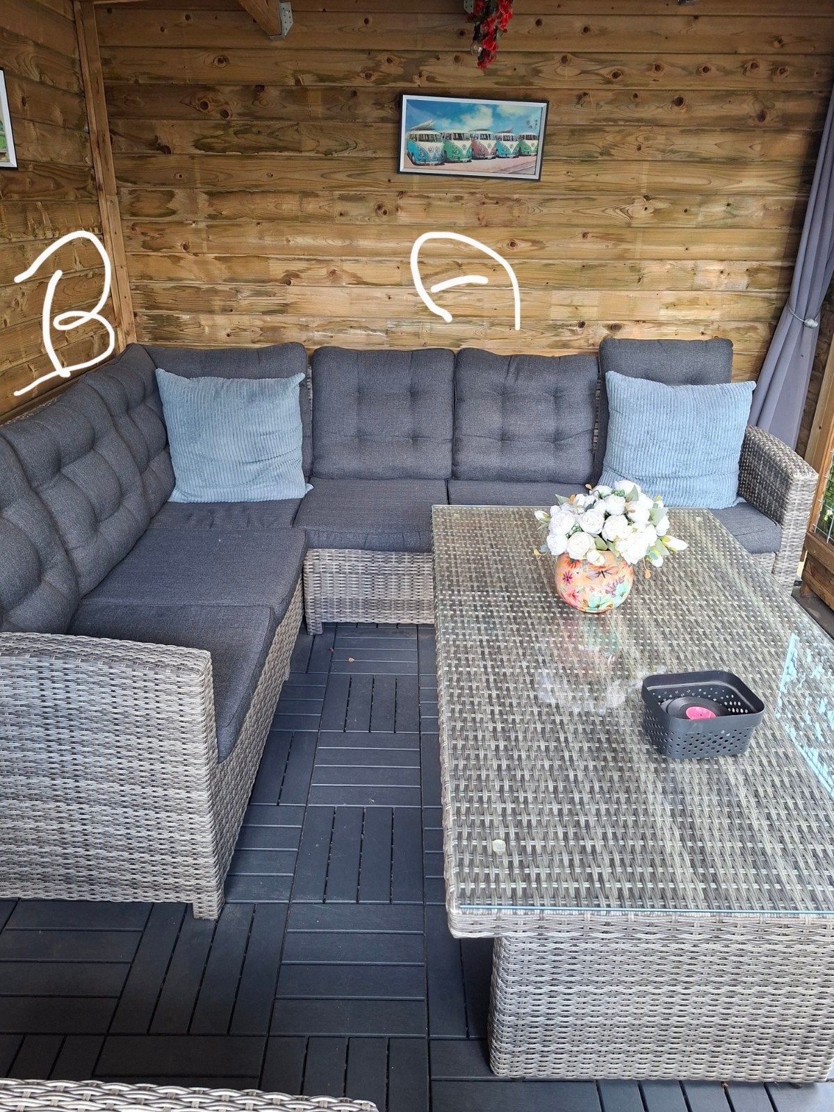 Wicker hoek loungebank met tafel, Ophalen, Wicker, Bank