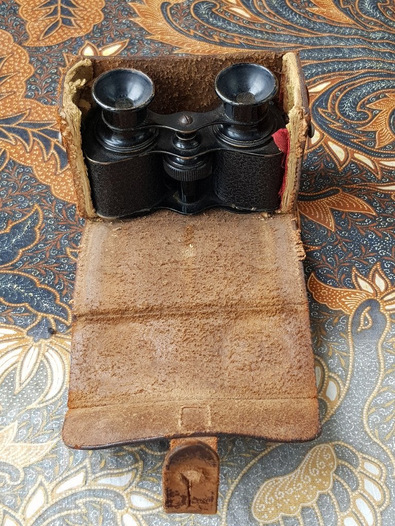 Mooie antieke verrekijker uit Frankrijk in leder foedraal.