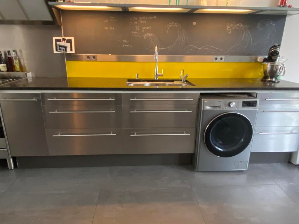 Keukenblok RVS laden 3.20 mtr hardsteen blad, Ophalen, Gebruikt, Graniet of Steen, Enkelwandige keuken
