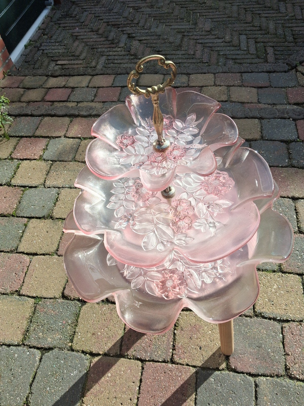 Vintage roze etagere met bloemmotief, Antiek en Kunst, Ophalen