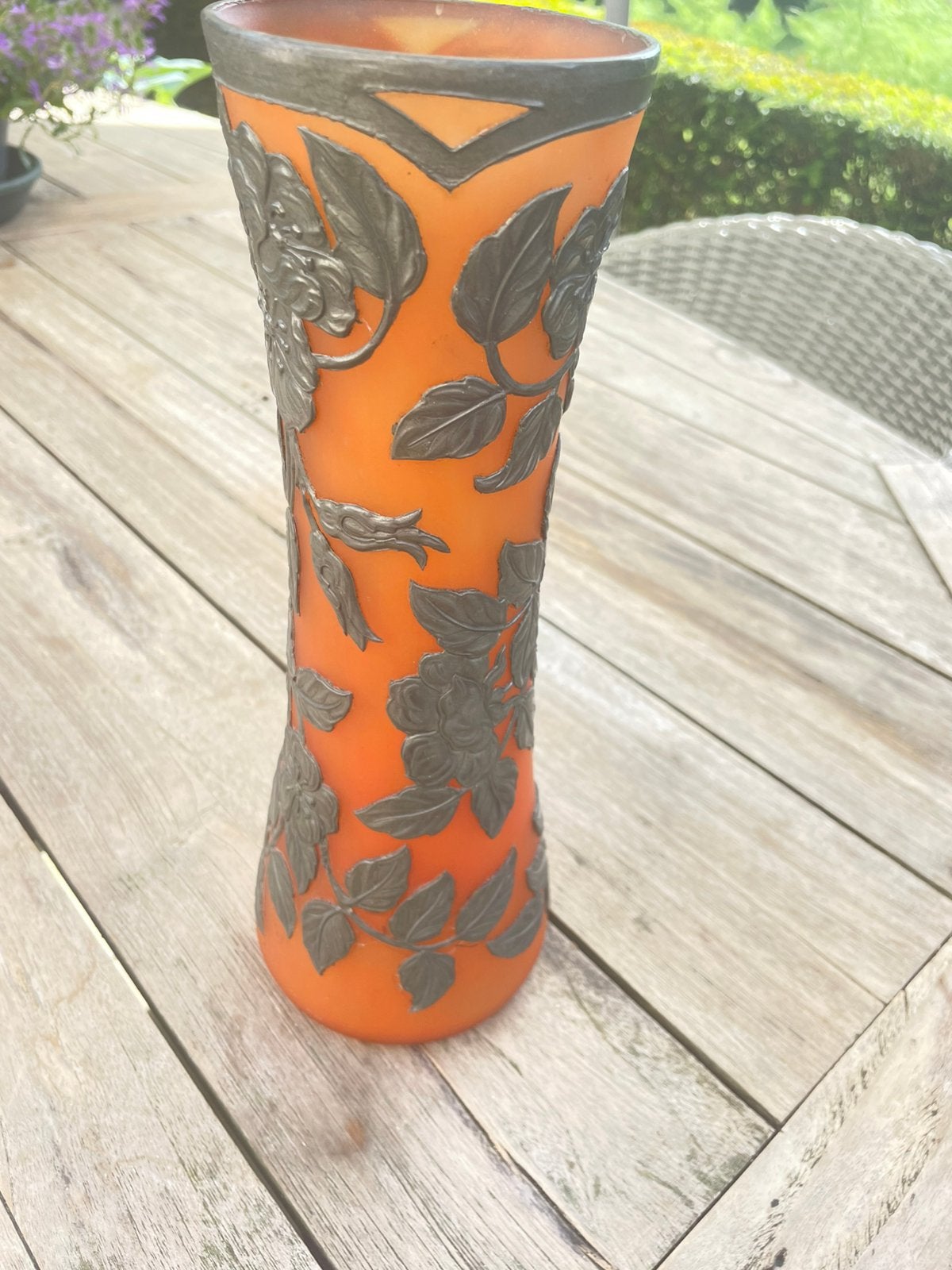 Art deco nouveau vaas glas terra en tin 30,5 cm begin 1900, Ophalen of Verzenden