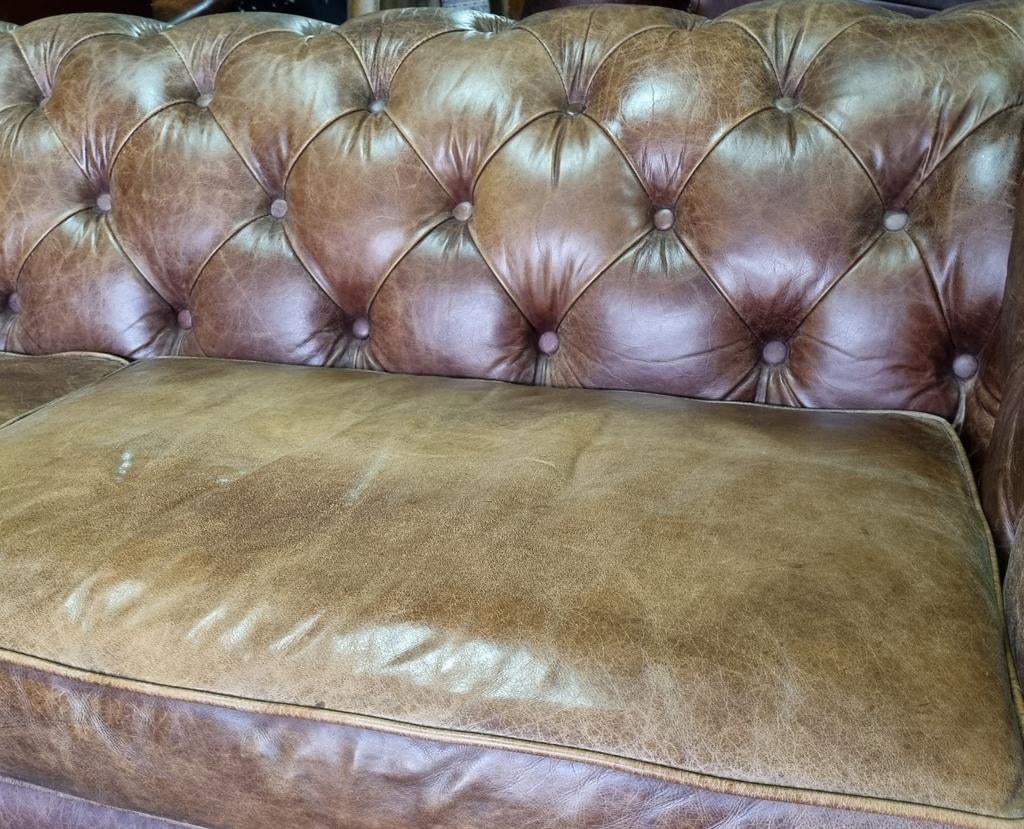Cognac leren Chesterfield bank + BEZORGING GRATIS, Huis en Inrichting, Gebruikt, Onbekend, Driepersoons, 75 tot 100 cm