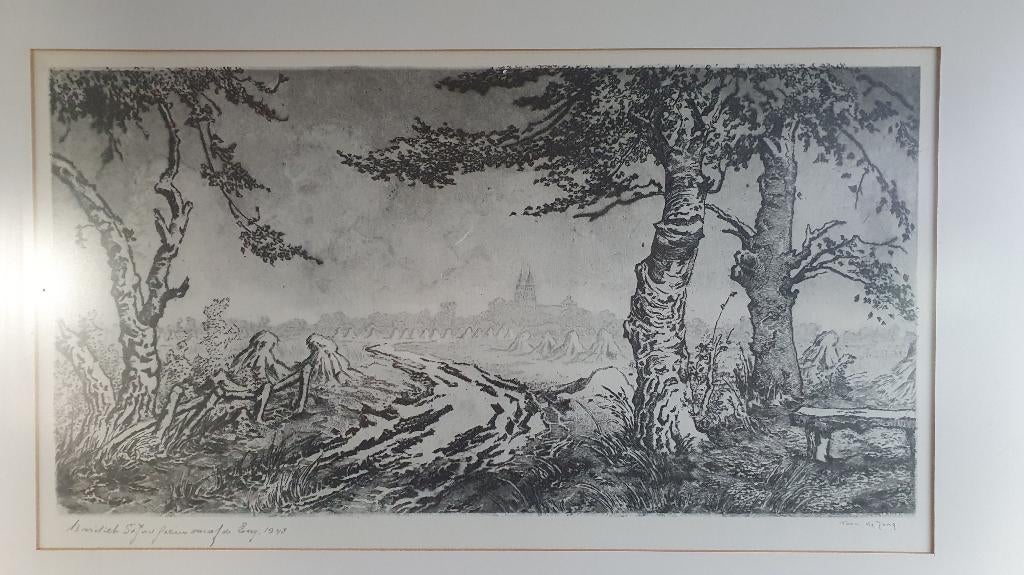 Ets Toon de Jong, Basiliek St. Jan uit 1948 in lijst. S36, Antiek en Kunst, Kunst | Etsen en Gravures, Ophalen of Verzenden