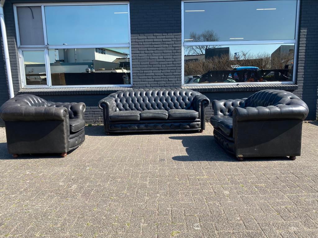 Springvale Chesterfield 3-2-1 zwart GRATIS BEZORGD, Ophalen of Verzenden, Gebruikt, 75 tot 100 cm, Leer