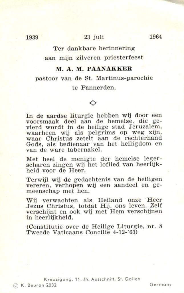 Paanakker M.A.M. zilveren priesterfeest 1964 Pannerden, Ophalen of Verzenden