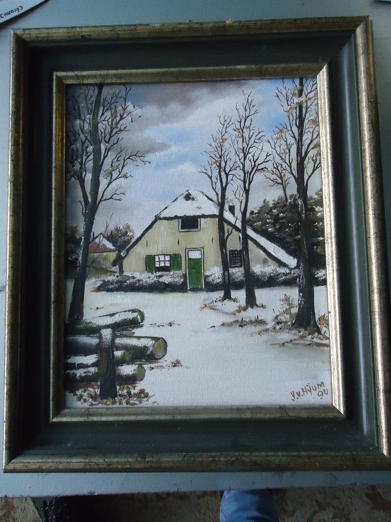 schilderij huis in de sneeuw,van v.v.hyum, Antiek en Kunst, Kunst | Schilderijen | Klassiek, Ophalen of Verzenden