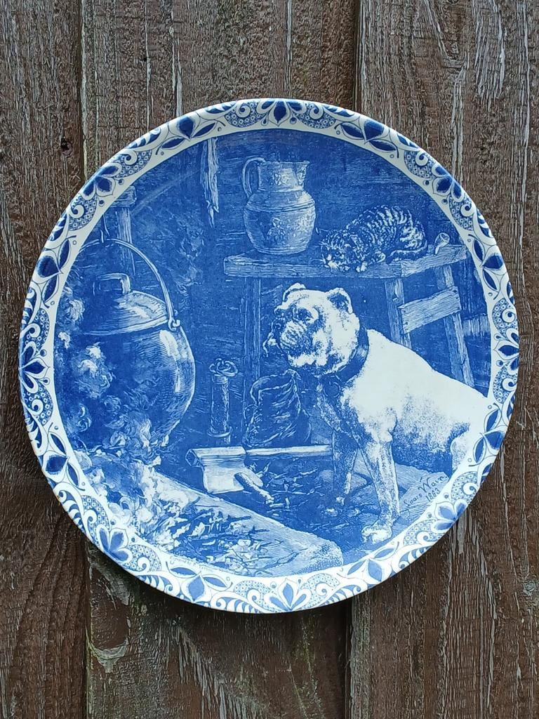 Vintage Blauw Delfts Bord met Hond en Kat, Ophalen of Verzenden