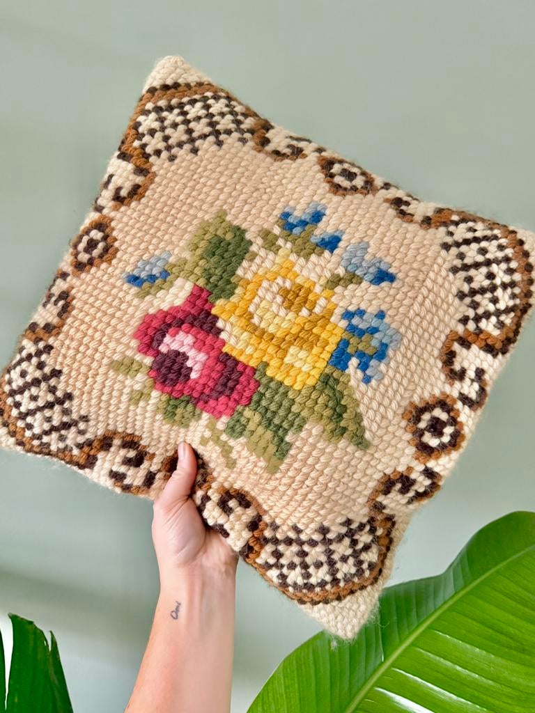Vintage gobelin kussen sierkussen bloemenprent, Ophalen of Verzenden, Gebruikt, Vierkant