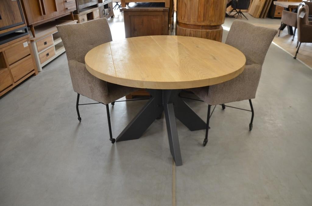 Ronde eiken tafel met metalen spinpoot 120 cm, Huis en Inrichting, Nieuw, Ophalen of Verzenden, Vier personen, 100 tot 150 cm