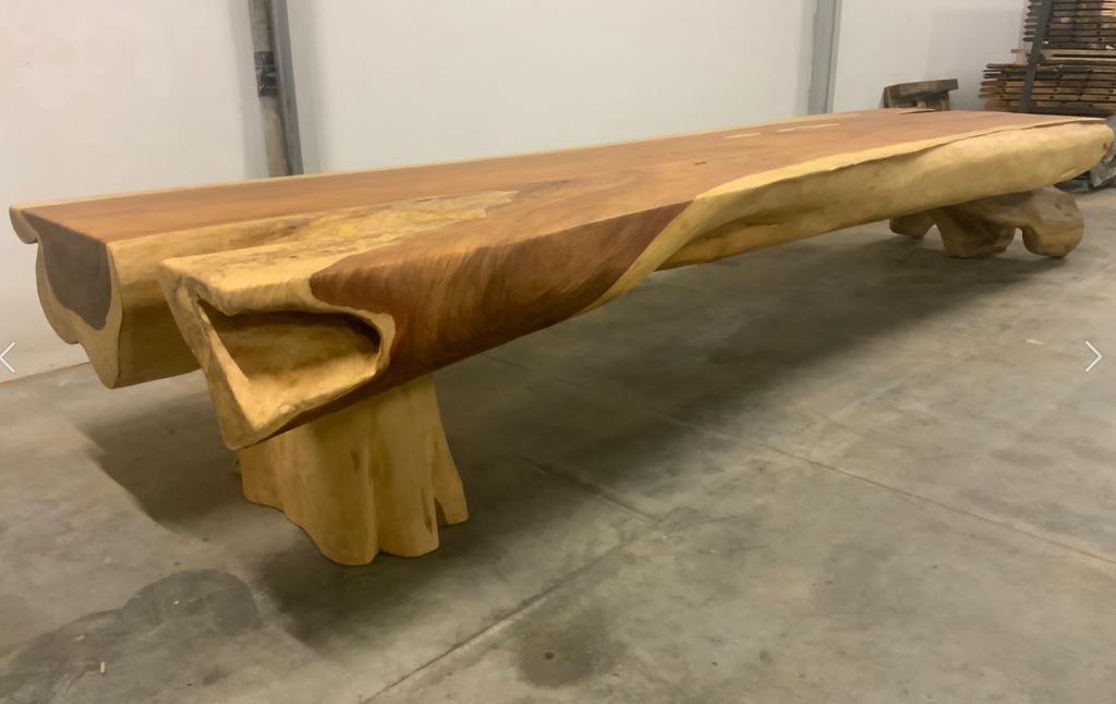 suar boomstam tafel 500x120 uniek, Ophalen, 100 tot 150 cm, Teakhout, Vijf personen of meer