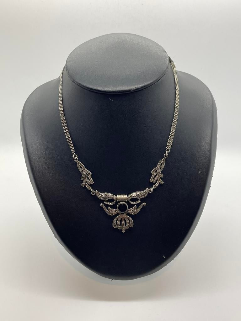 C476 Prachtige vintage zilveren ketting onyx markasiet, Sieraden, Tassen en Uiterlijk, Kettingen, Zo goed als nieuw, Zilver, Zilver