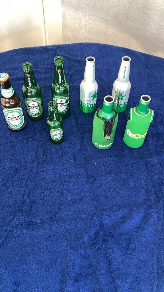 Oude Flesjes Diverse Materialen + Flessenhoezen, Verzamelen, Biermerken, Gebruikt, Overige typen, Heineken, Ophalen of Verzenden