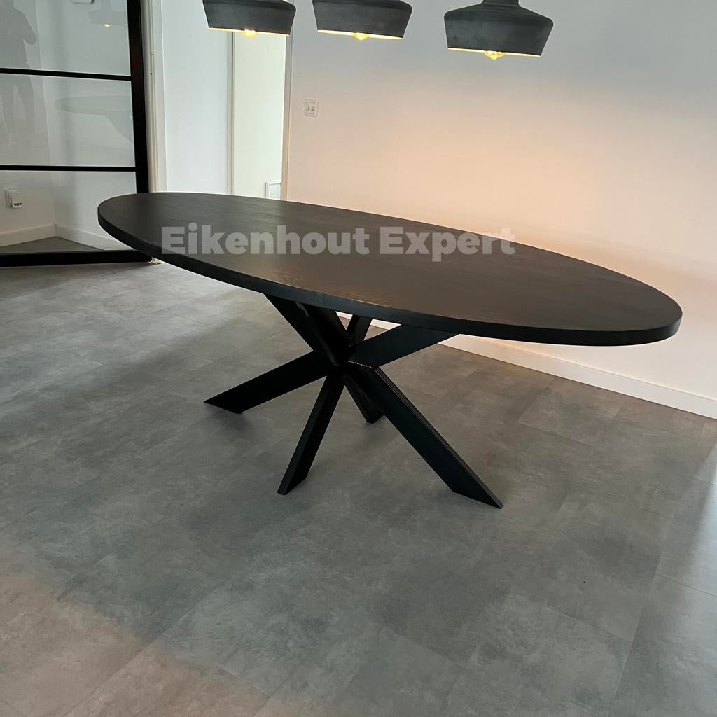 Ronde ovale Zwarte Eiken Tafel massief Eikenhout Matrix Poot, Huis en Inrichting, Tafels | Eettafels, Eikenhout, Rond, Nieuw, Ophalen of Verzenden