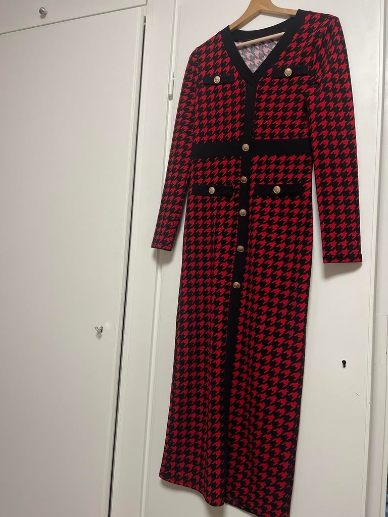 Elegante Rode Jurk met Pepita Print - Maat M, Kleding | Dames, Maat 38/40 (M), Ophalen of Verzenden, Zo goed als nieuw, Rood