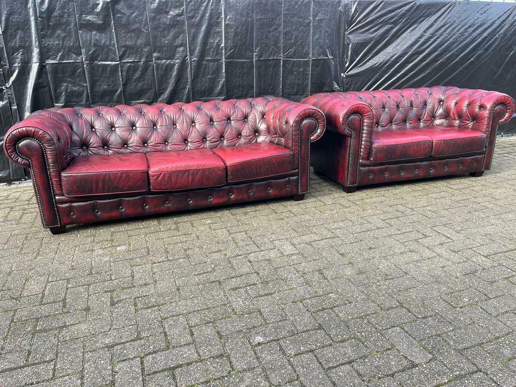 Chesterfield 3+2 zit bankstel oxblood rood GRATIS BEZORGD!, Gebruikt, 150 tot 200 cm, Ophalen of Verzenden, Leer