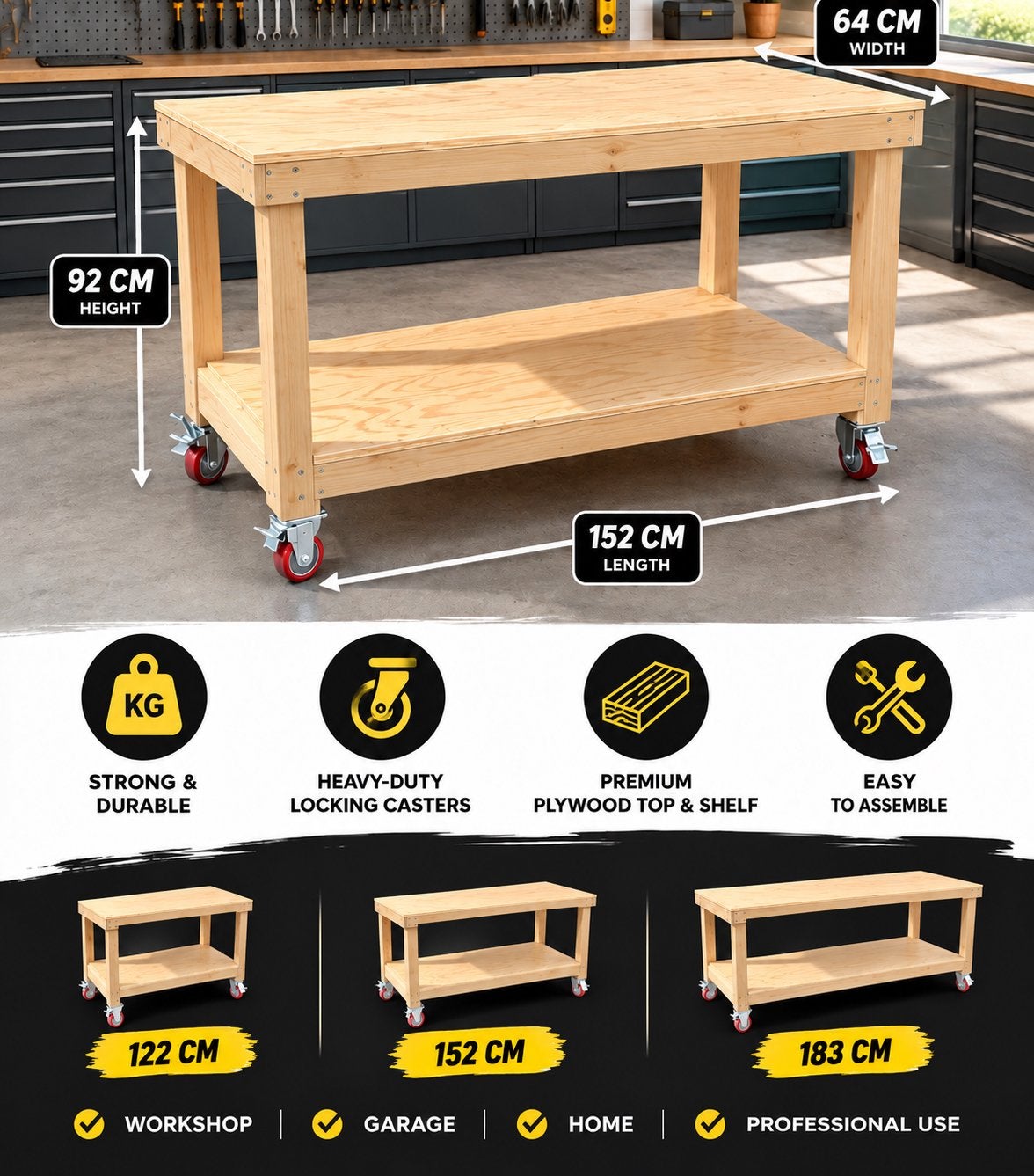 Werkbank op wielen - 3 formaten beschikbaar, Doe-het-zelf en Verbouw, Ophalen of Verzenden, Nieuw, Minder dan 70 cm