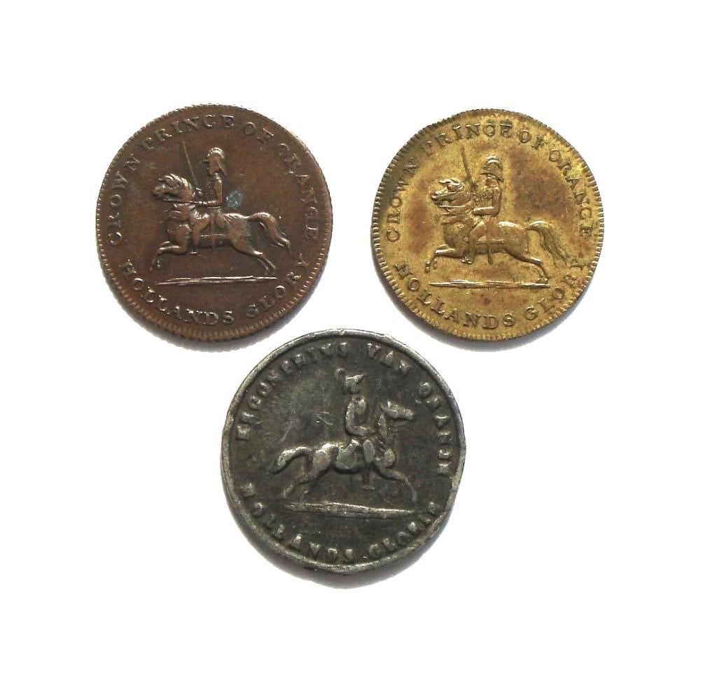 Nederland lot met 3 penningen 50j. Slag bij Waterloo 1865, Postzegels en Munten, Ophalen of Verzenden, Overige materialen, Nederland