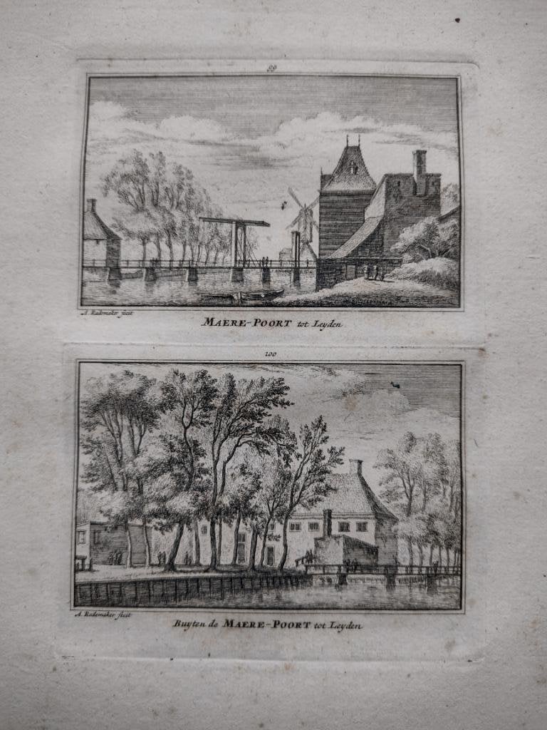099-100 Leiden de Maerle Poort Kopergravure dl 3 18e Eeuw, Ophalen of Verzenden