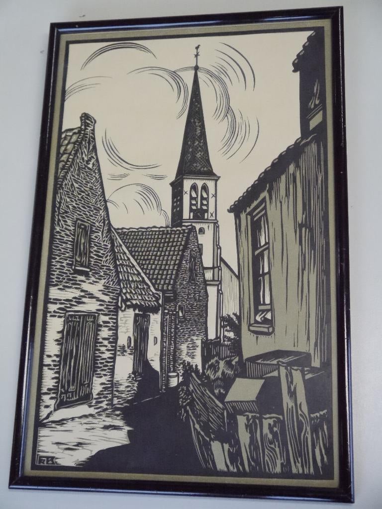 linoleumsnede / straatje in Zandvoort / Frans Bosen, Antiek en Kunst, Kunst | Schilderijen | Klassiek, Ophalen of Verzenden