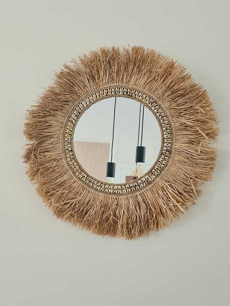 Ronde wandspiegel raffia Melati uit Bali, Rond, Ophalen of Verzenden, Minder dan 100 cm, Tropical home