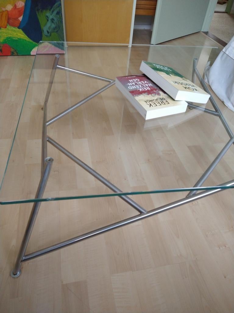Mikado Salon-/Bijzettafel Chroom met Glazen Blad, Huis en Inrichting, Tafels | Salontafels, Ophalen, Gebruikt, 50 tot 100 cm, Design