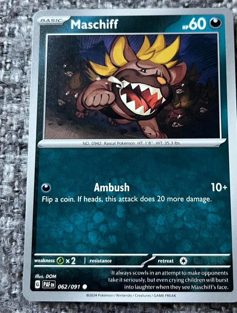 Pokémonkaart van Maschiff (942) • Paldean Fates (062/091), Ophalen of Verzenden, Nieuw, Losse kaart