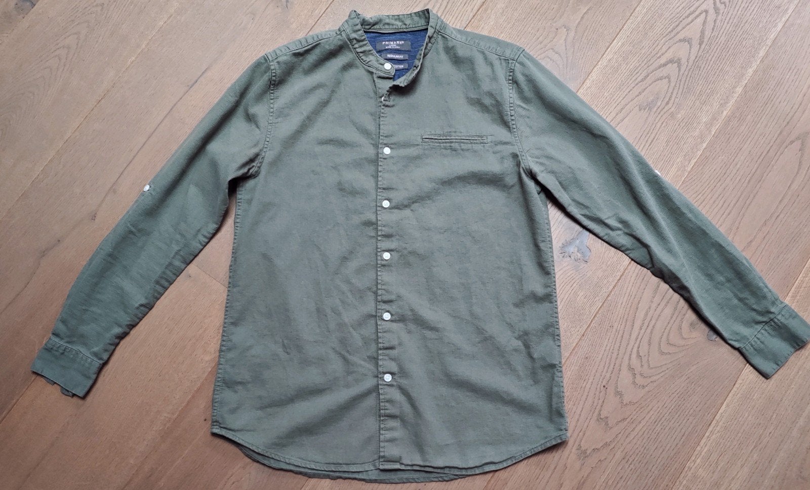 Te koop: Mooi overhemd, zonder kraag, merk Primark Maat: L, Ophalen of Verzenden, Halswijdte 41/42 (L), Gedragen, Groen