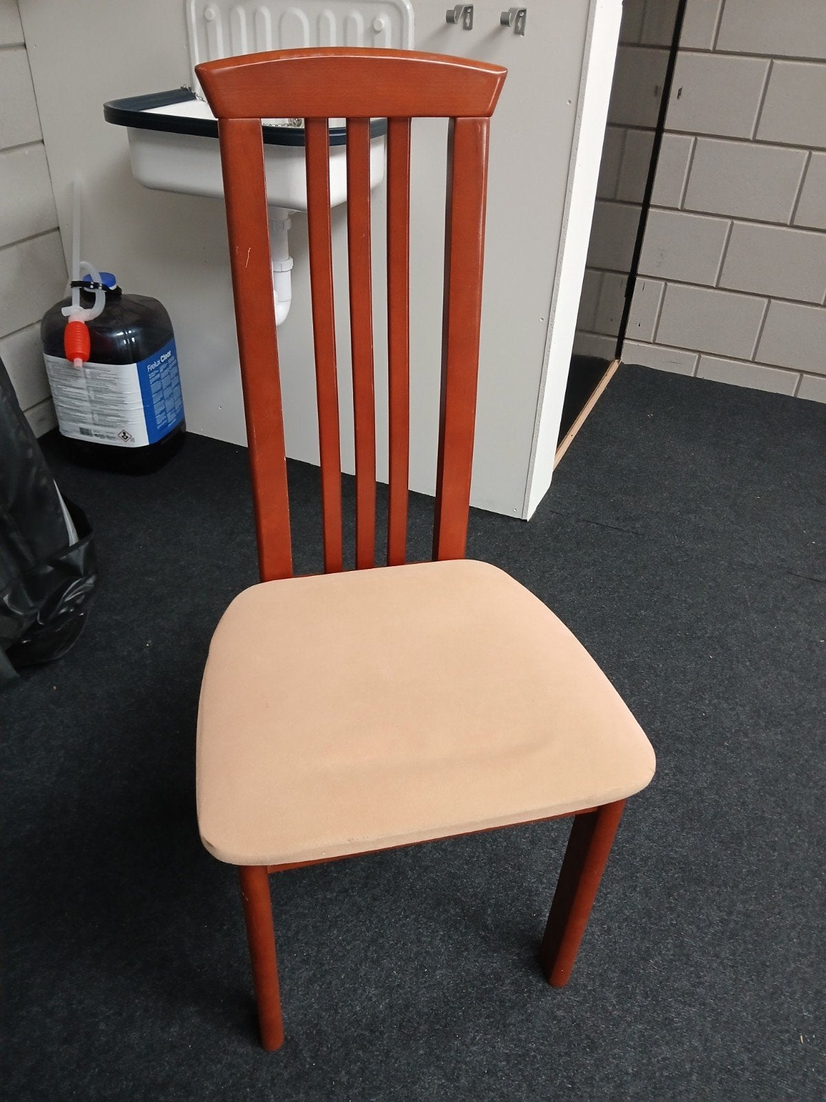 6 Houten eetkamerstoelen met stoffen zitting, Huis en Inrichting, Stoelen, Ophalen, Gebruikt, Bruin, Klassiek