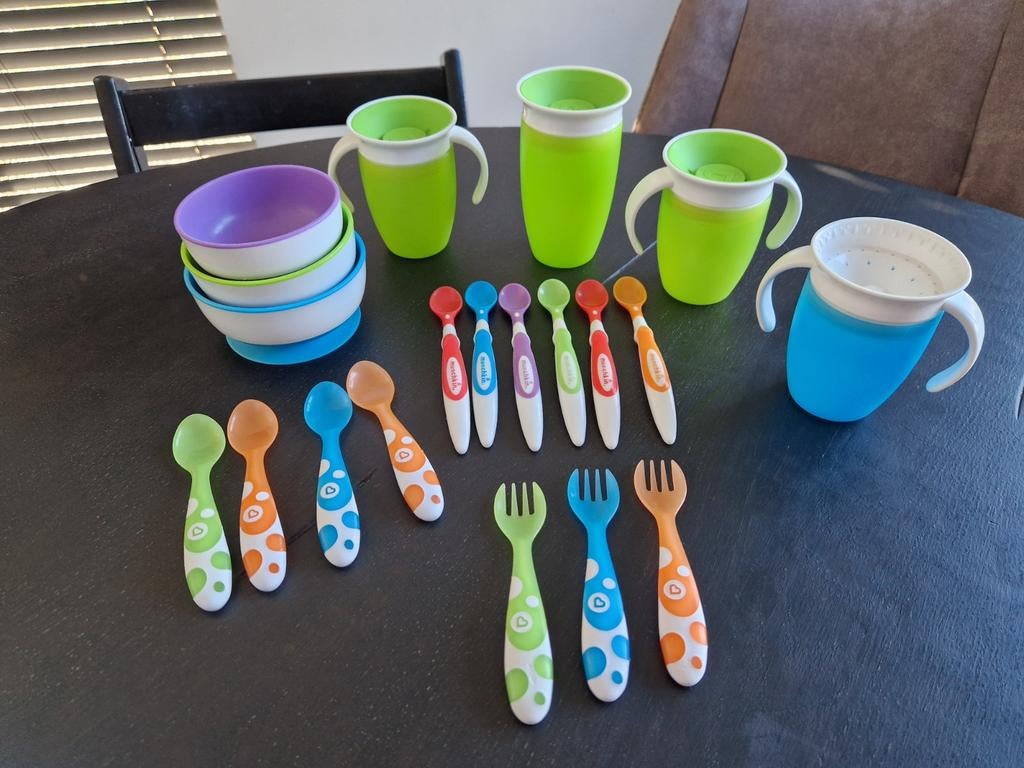 Munchkin set 360 graden bekers, kommetjes, lepels, vorken, Kinderen en Baby's, Babyvoeding en Toebehoren, Ophalen of Verzenden