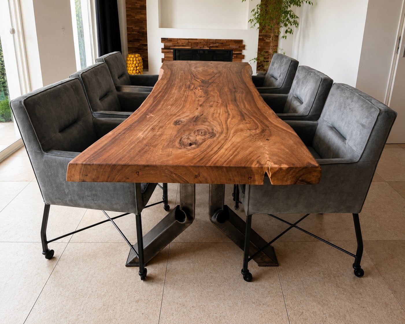 Boomstamtafel 249x98 cm + 6 luxe Yuma armstoelen, Ophalen, 100 tot 150 cm, 200 cm of meer, Zo goed als nieuw