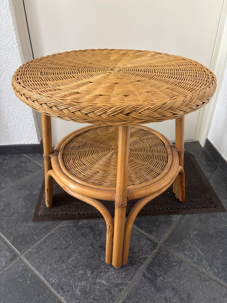 Vintage rotan rieten salontafel tafeltje, Huis en Inrichting, Tafels | Salontafels, Ophalen, Gebruikt, 50 tot 100 cm, Rond