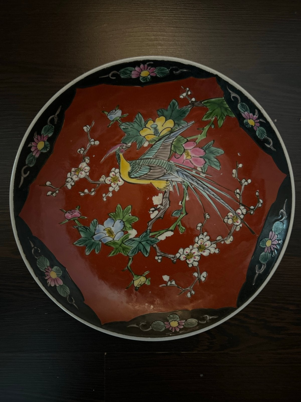 Vintage Japans decoratief bord met vogel en bloemen, Ophalen of Verzenden