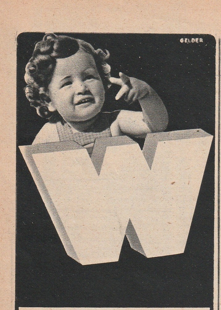 retro reclame 1946 Zwitsal baby poederbus de letter W, Verzamelen, Retro, Verzenden, Overige typen