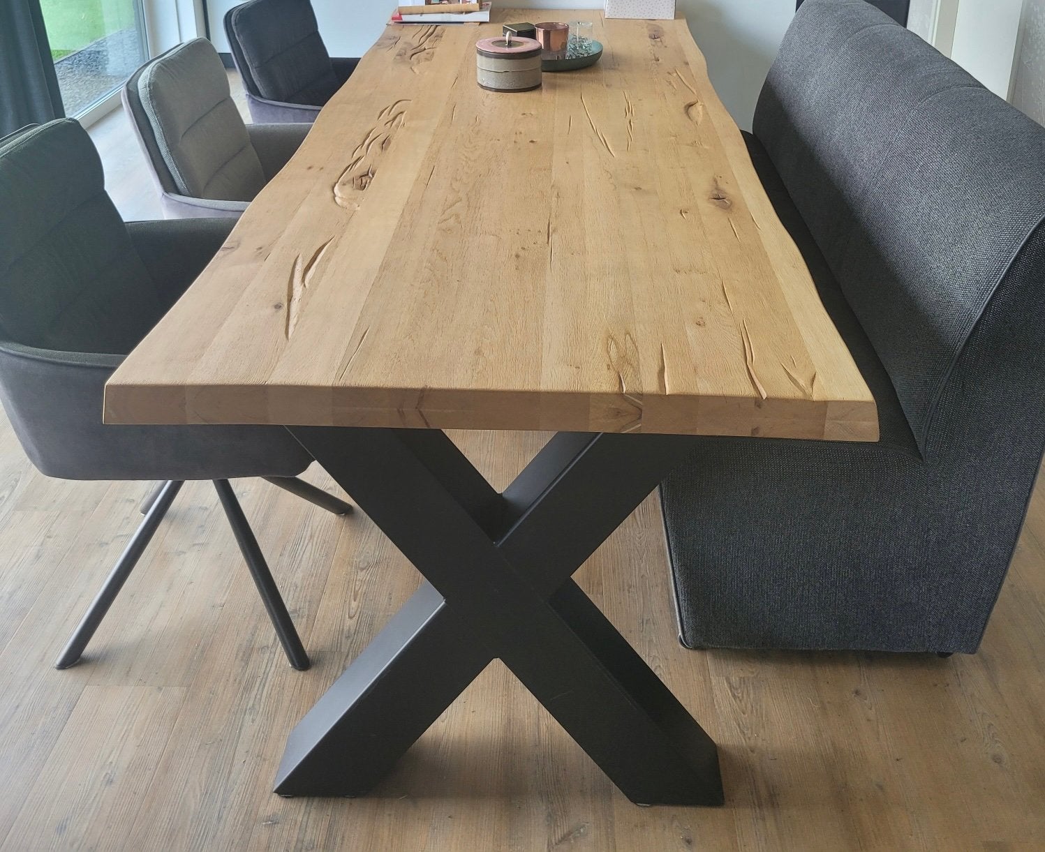 Eetkamerset - eettafel 240cm - bank op wielen - 3 draaistoel, Ophalen, Gebruikt, 100 tot 150 cm, Eikenhout