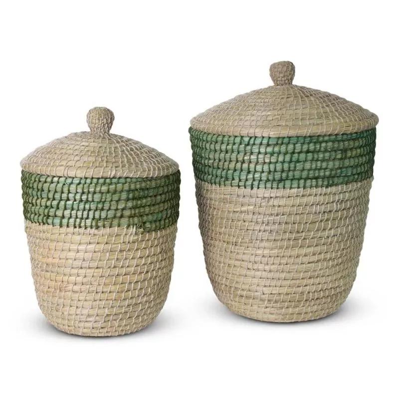 Fairtrade Zeegras Manden met Deksel - Groen (Set van 2), Huis en Inrichting, Woonaccessoires | Schalen en Manden, Ophalen, Mand