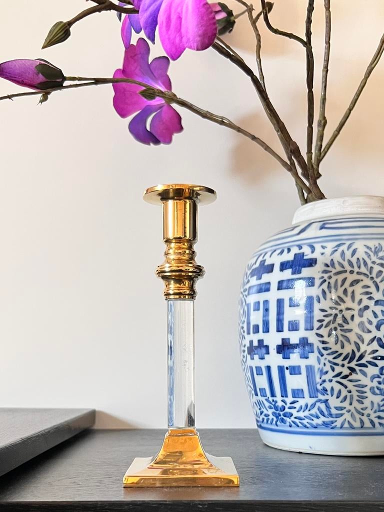 Mooie kandelaar van lucite met messing, Ophalen of Verzenden, Gebruikt, Metaal, Kandelaar