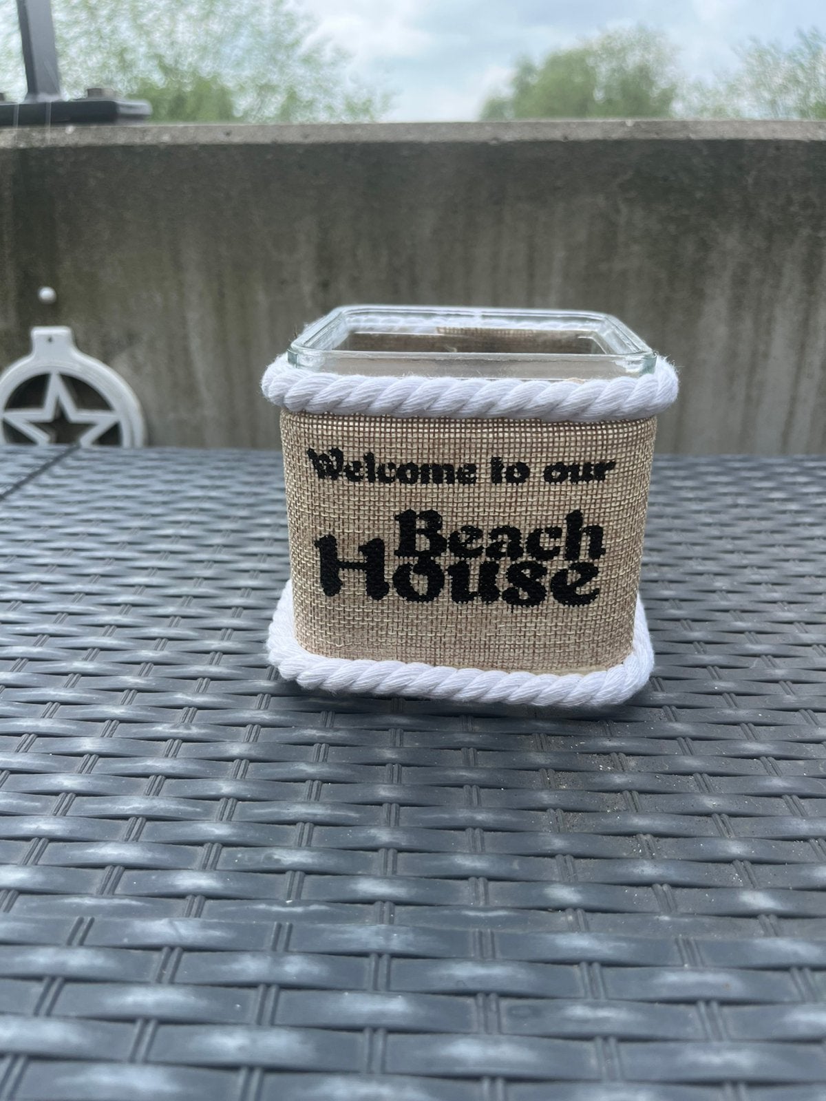 Te koop: plantenpotje/waxinelichthouder beach house/zomer, Ophalen of Verzenden, Nieuw, Glas, Landelijk