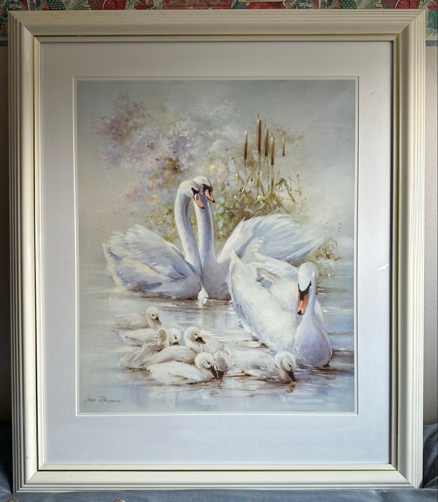Zwanenfamilie in water, Antiek en Kunst, Kunst | Schilderijen | Klassiek, Realistisch, Dieren, Print, Papier