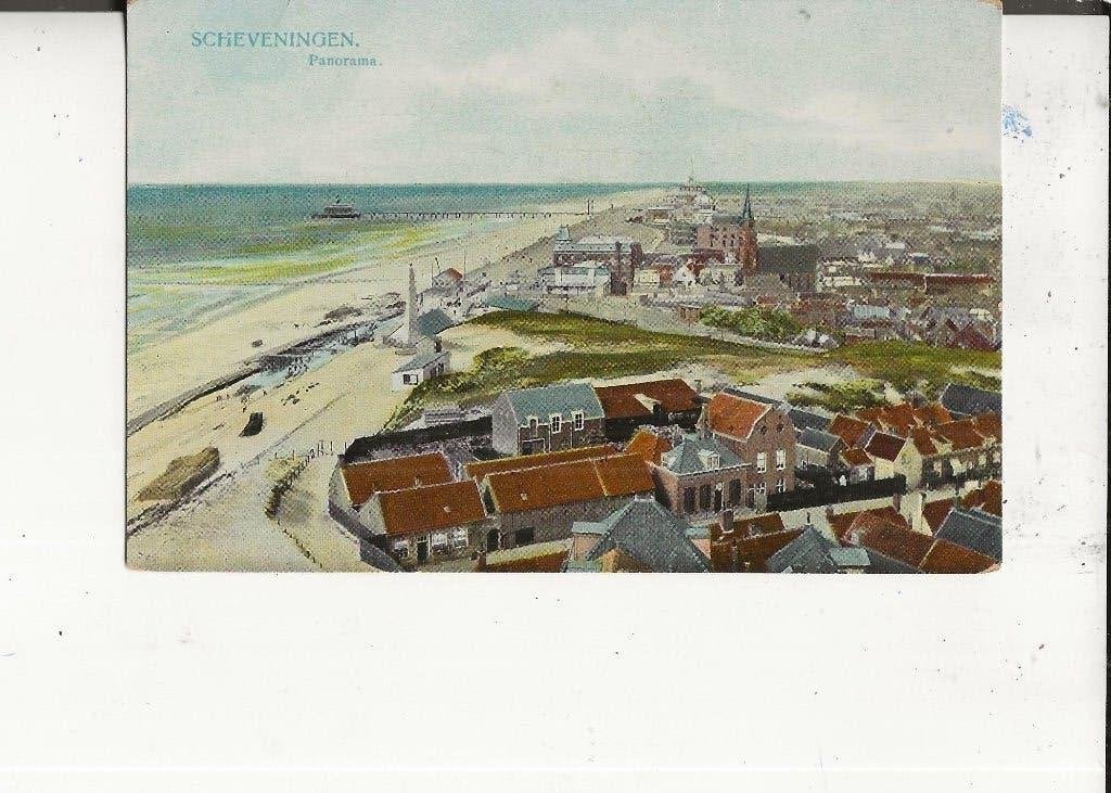 Scheveningen Panorama met Gedenknaald en N H  Kerk, Ophalen of Verzenden, Voor 1920, Ongelopen, Zuid-Holland