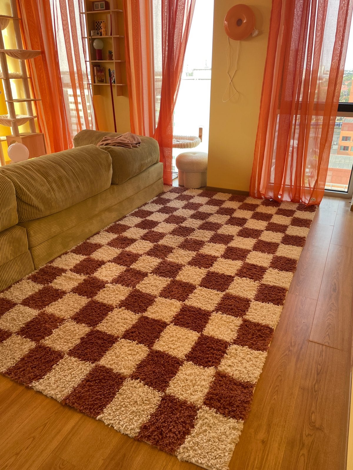 Chess geblokt retro tapijt groot rugvista, Ophalen, Zo goed als nieuw, Rechthoekig, 200 cm of meer
