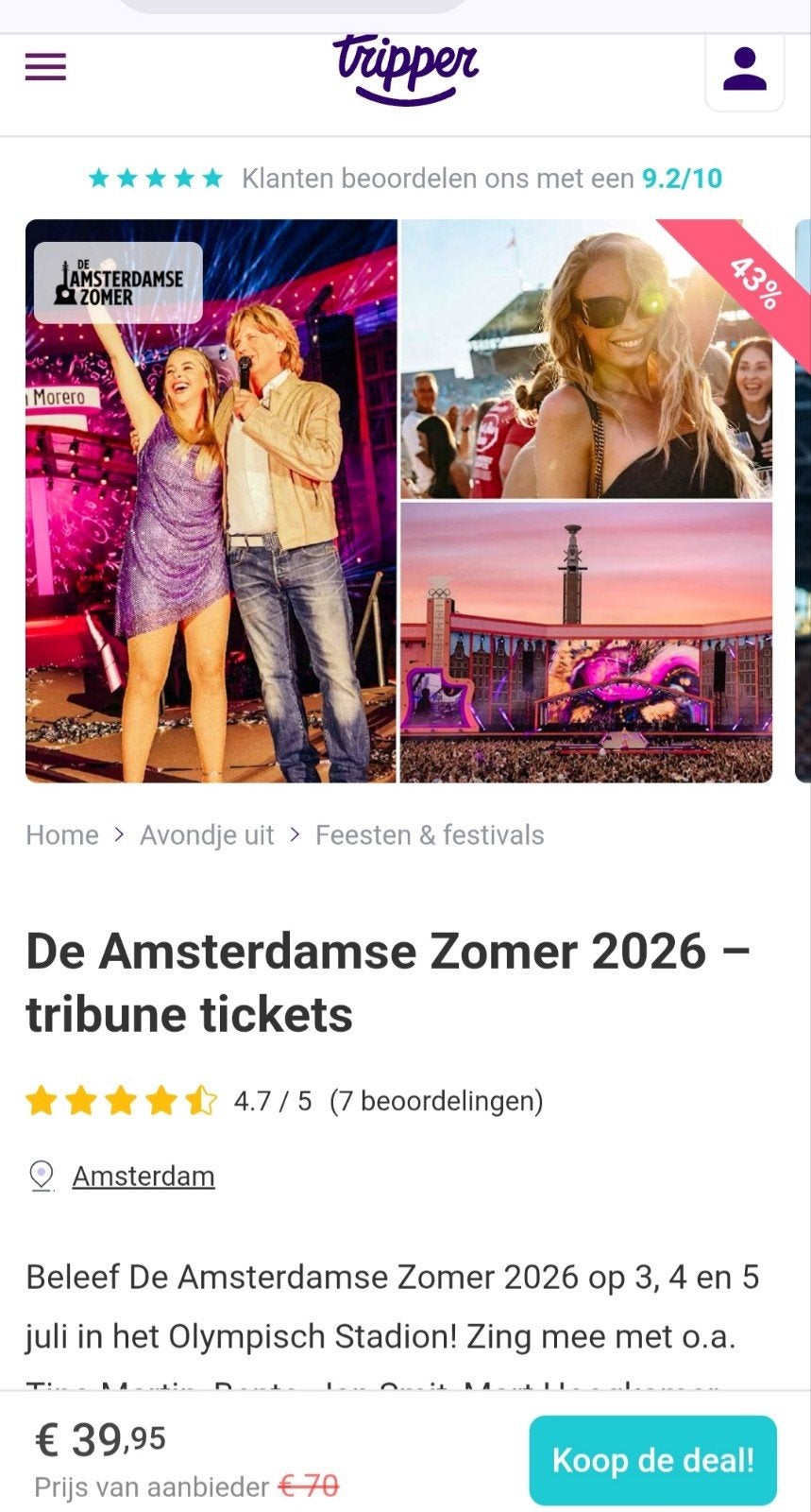 2 tribune kaarten de Amsterdamse zomer zaterdag 4 juli, Twee personen, Juli, Levenslied