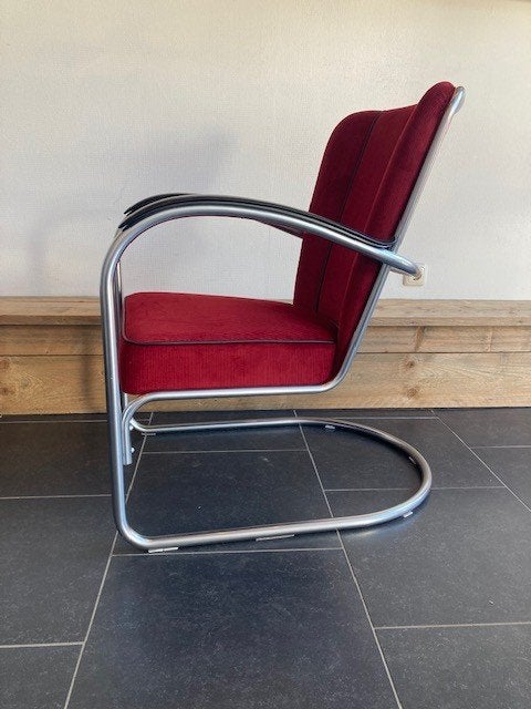 Gispen 412 fauteuil, zijdemat, nieuwe donkerrode ribstof, Design, 75 tot 100 cm, Zo goed als nieuw, Stof