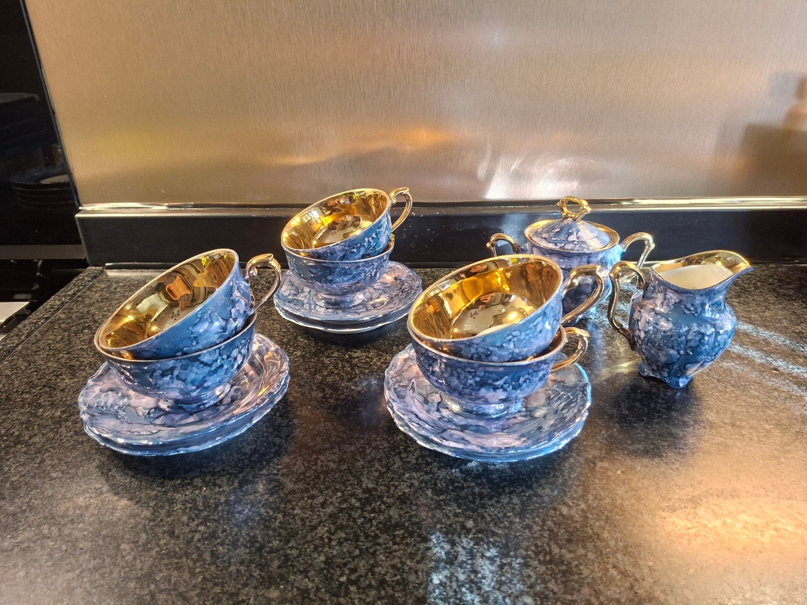 Vintage Pools koffieservies Chodzież/Wałbrzych – blauw goud, Ophalen of Verzenden
