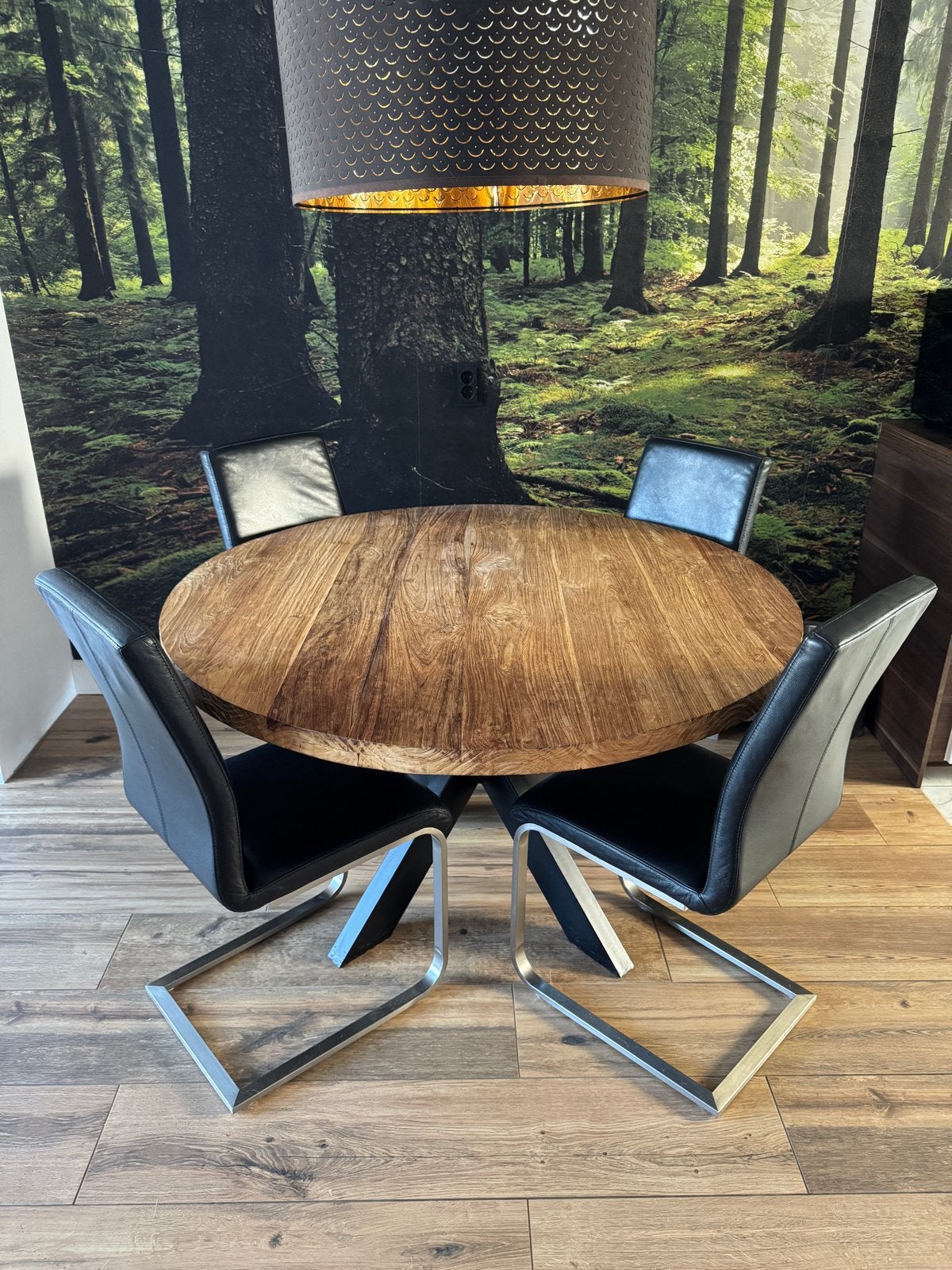 Teakhouten eettafel met 4 leren stoelen (rvs), Ophalen, Bruin, Zo goed als nieuw, Vier