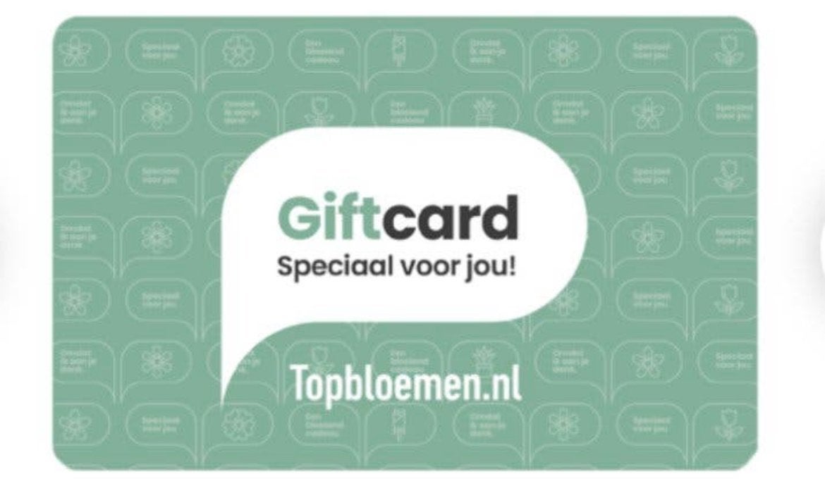Topbloemen giftcard code t.w.v. 26,95 . Nu 20,-, Eén persoon, Cadeaubon