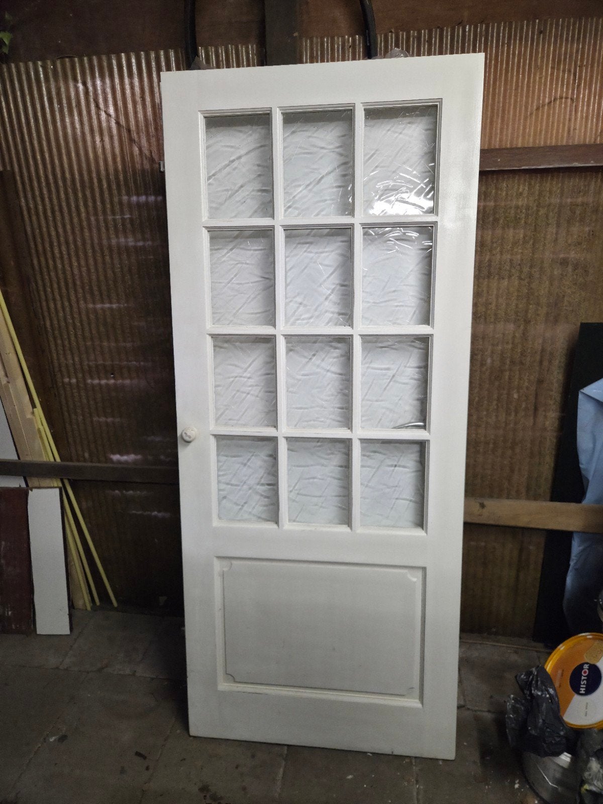 Vintage Opdekdeur met glas, in grondverf, Ophalen, Gebruikt, 80 tot 100 cm, Binnendeur