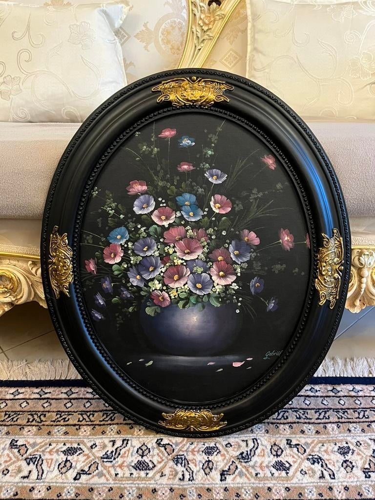 Prachtige olieverf ovale bloemen schilderij, Ophalen of Verzenden