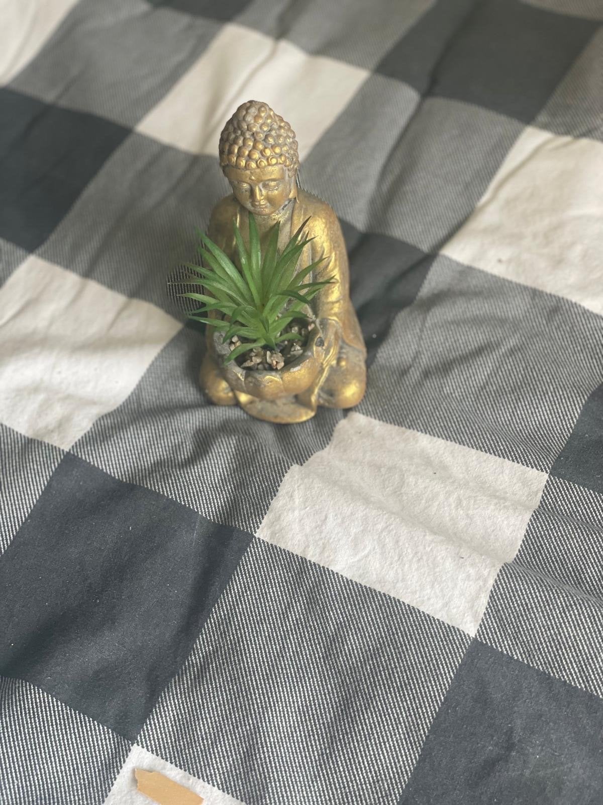 Gouden Boeddha beeldje met plantje, Huis en Inrichting, Ophalen of Verzenden, Zo goed als nieuw, Metaal, Goud