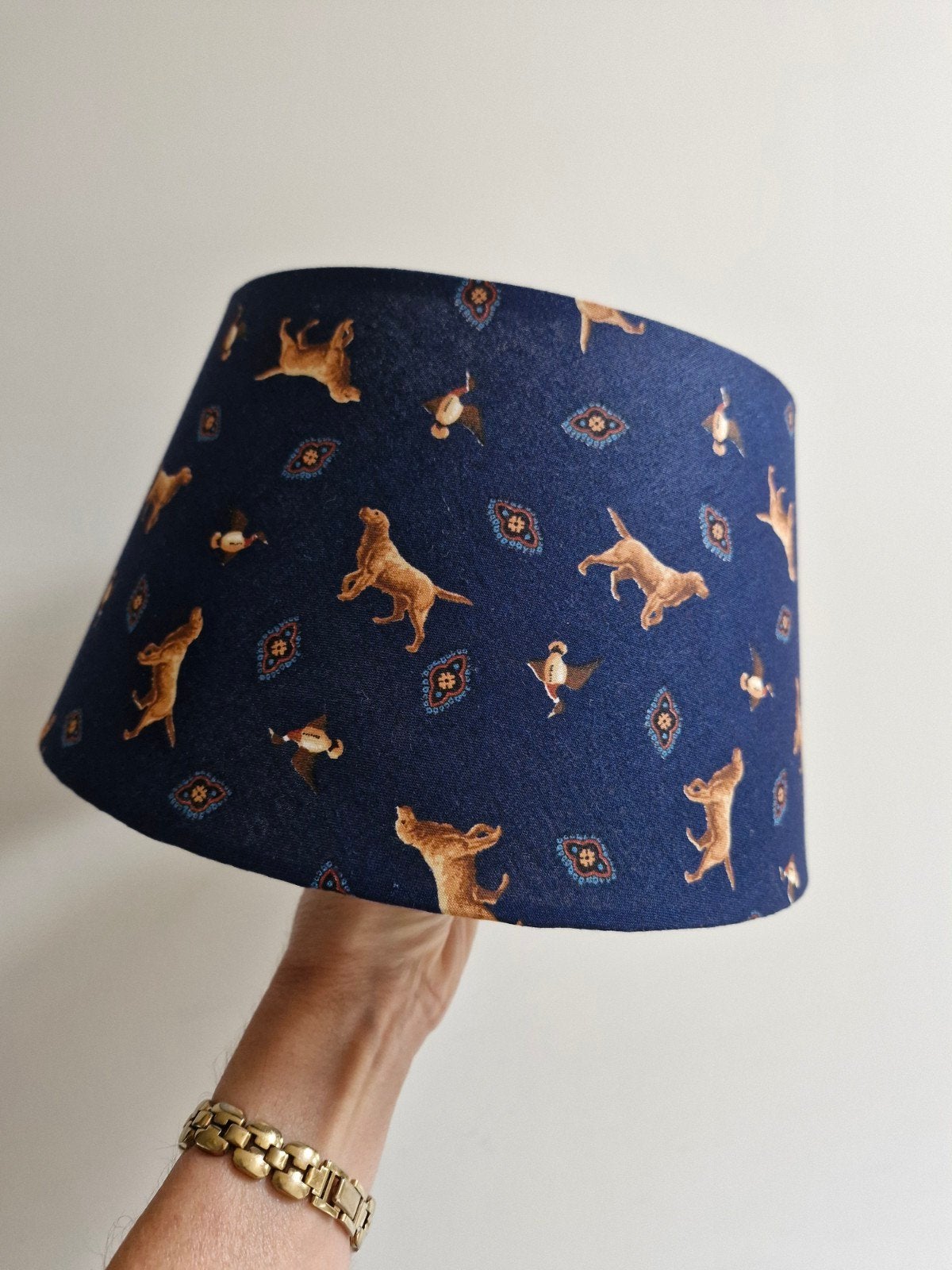 handgemaakte lampenkap met golden retrievers blauw, 25 cm, Blauw, Rond, Ophalen of Verzenden