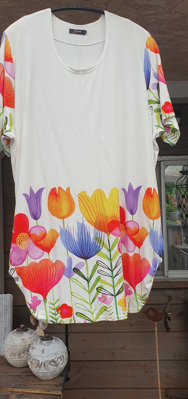 Roomwitte tuniek met kleurrijke bloemenprint, Overige kleuren, Maat 46/48 (XL) of groter, Ophalen of Verzenden, Zo goed als nieuw